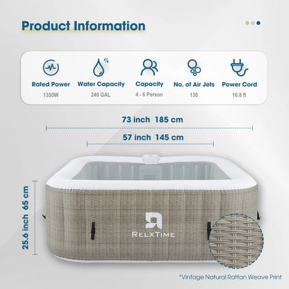 Inflatable Outdoor Hot Tub for 6 Person Square Spa with 120 Bubble Jets, Filter Cartridges