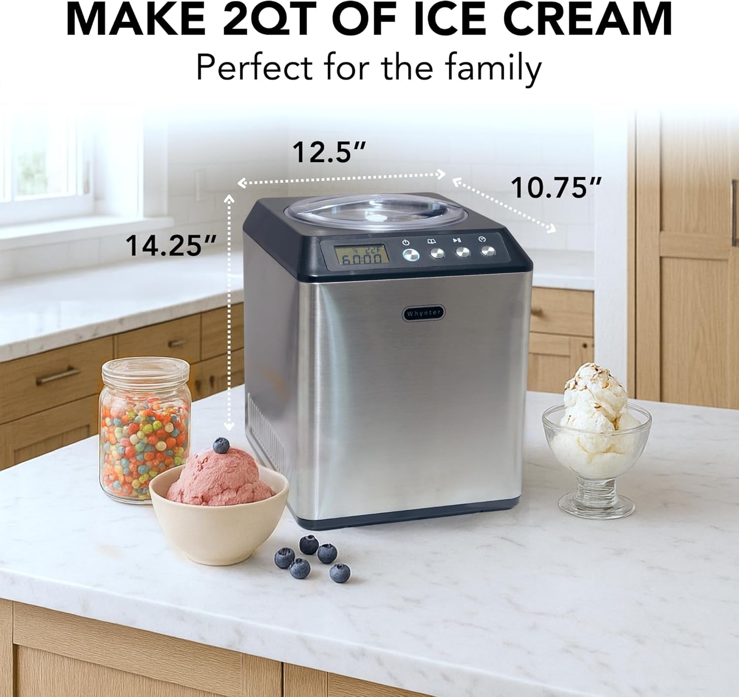 ICM-201SB Upright Automatic Ice Cream Maker with Built-In Compressor, No Pre-Freezing, LCD Digital Display, 2.1 Quart Capacity, Black