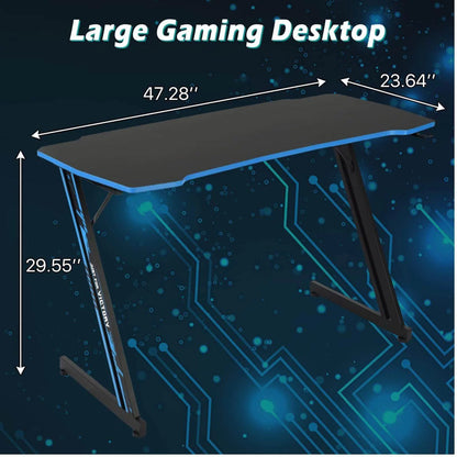 47 Inch Z-Shaped Gaming Desk, PC Computer Table Home Office Desk Ergonomic Gamer Workstation with Headphone Hook, Blue